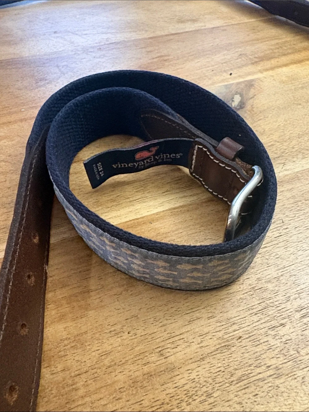 Vineyard Vines Navy Patterned Canvas Belt with Brown Leather Trim